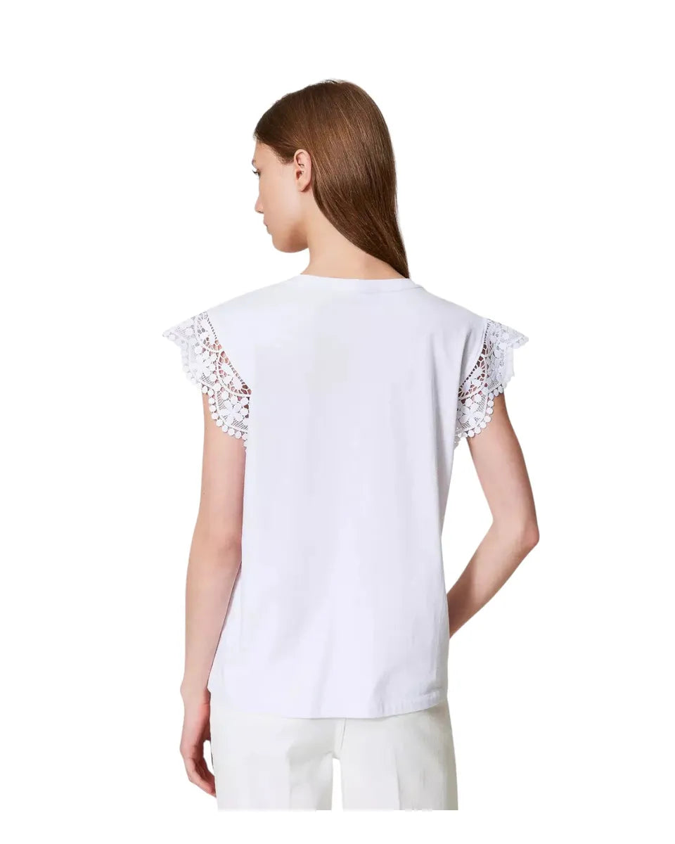 T-shirt in cotone con maniche ad aletta in pizzo-Twinset-Pantaloni-Vittorio Citro Boutique