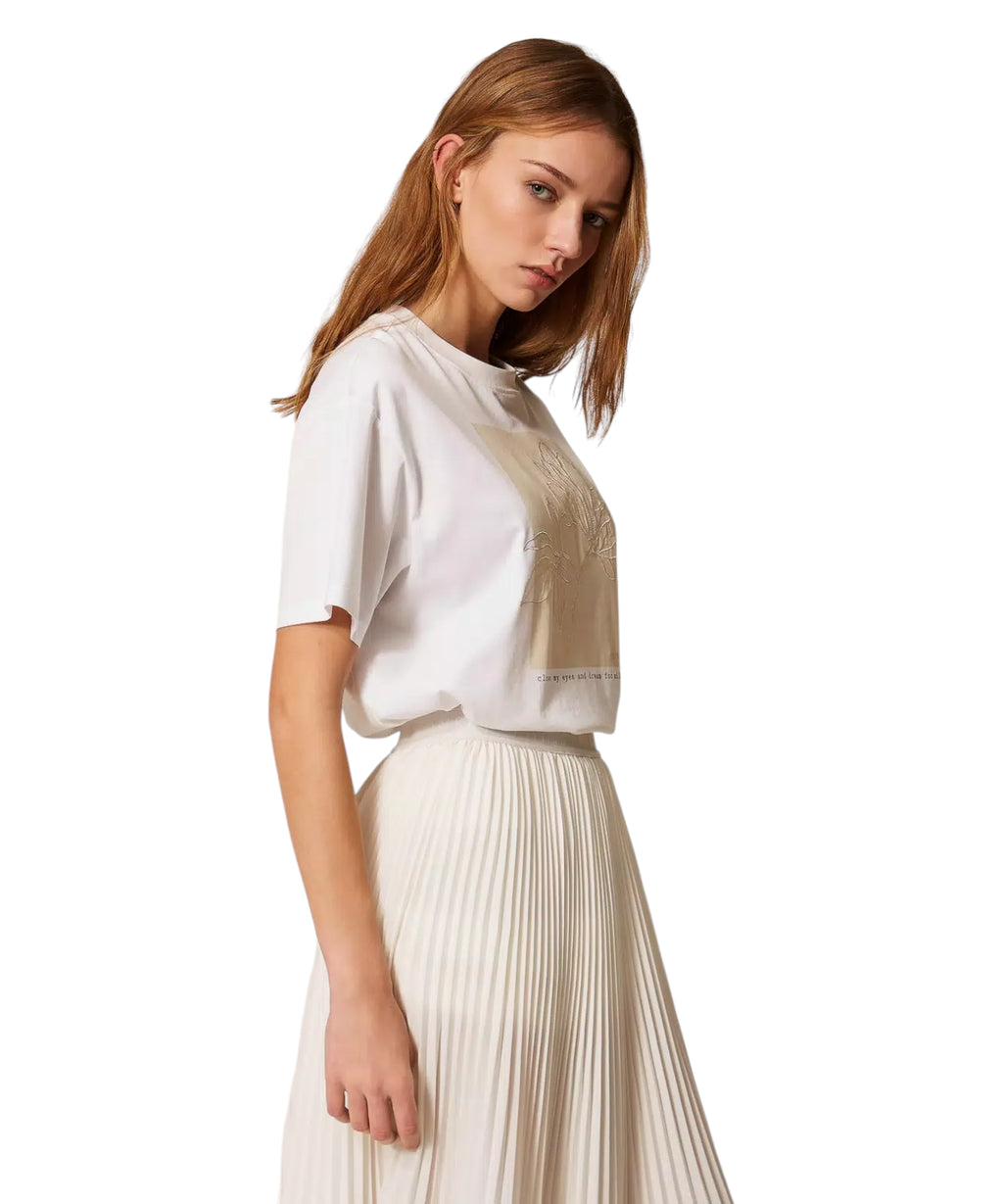 Twinset Cotton T-shirt with Print and Embroidery