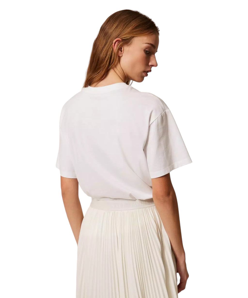 Twinset Cotton T-shirt with Print and Embroidery