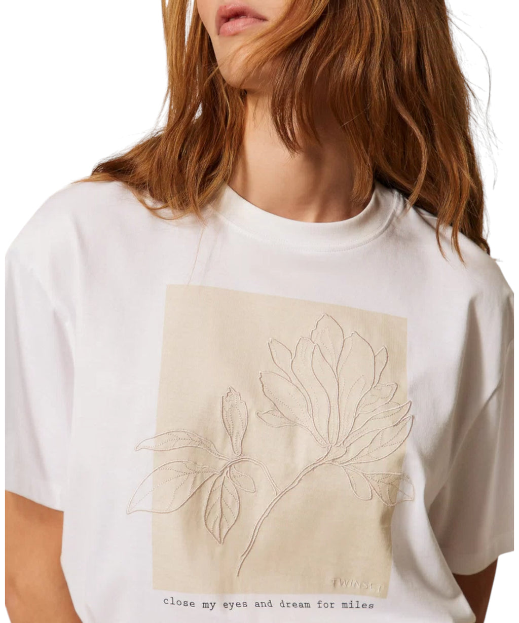 Twinset Cotton T-shirt with Print and Embroidery