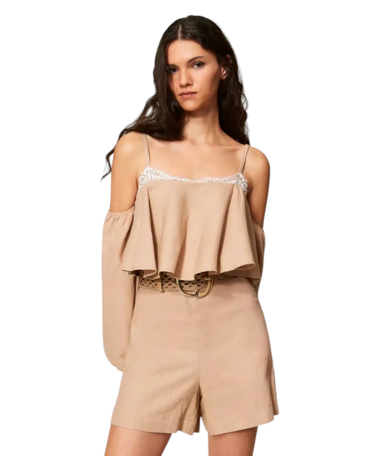 Eleganter Damen-Overall kurz aus Leinenmischung und Spitze
