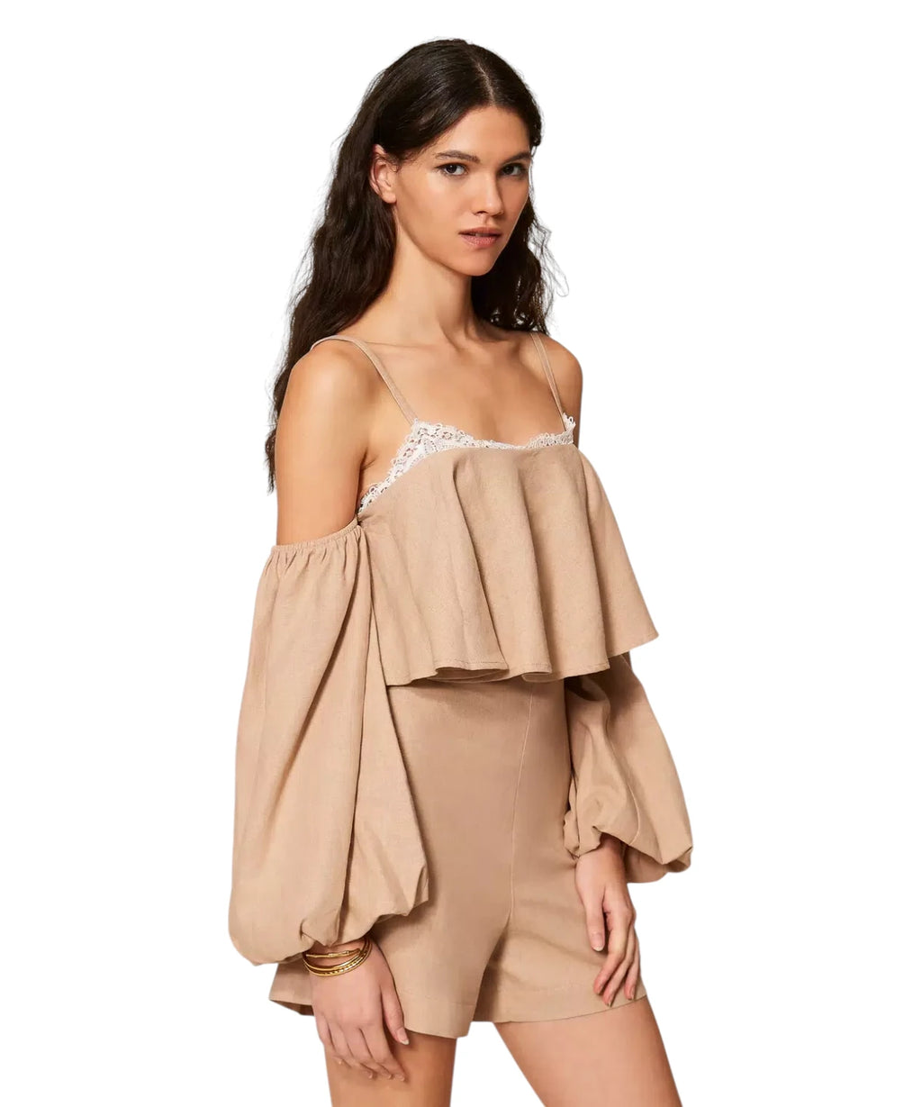 Eleganter Damen-Overall kurz aus Leinenmischung und Spitze