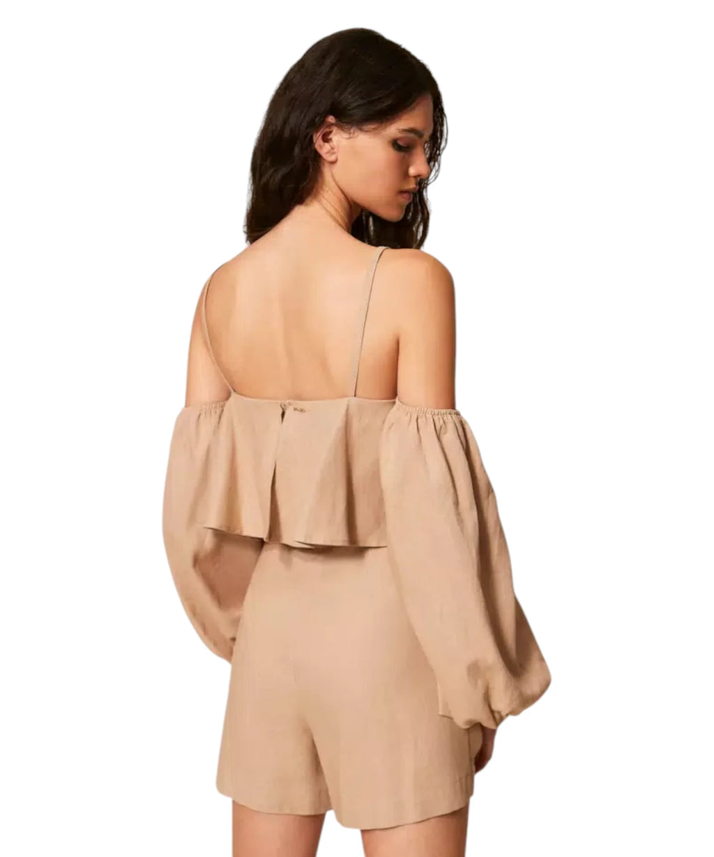 Eleganter Damen-Overall kurz aus Leinenmischung und Spitze