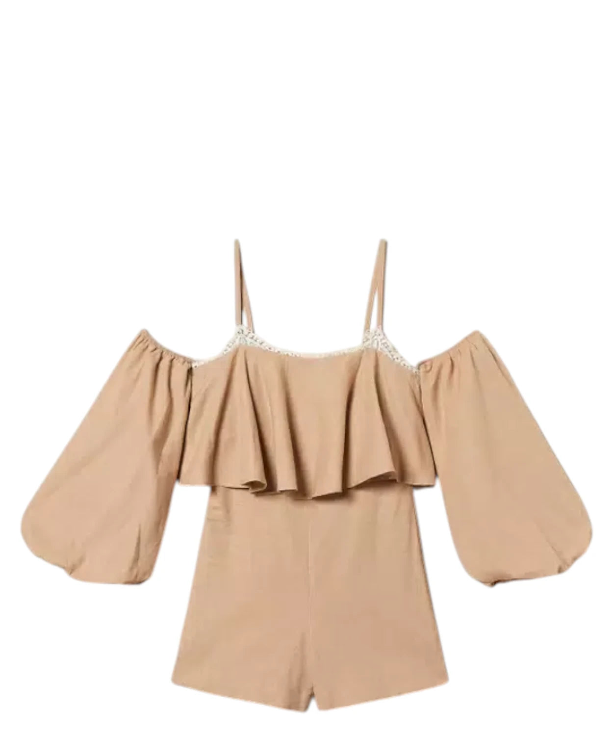 Eleganter Damen-Overall kurz aus Leinenmischung und Spitze
