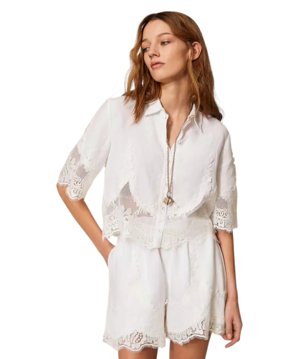 Twinset Camicia Donna in Lino con Pizzo