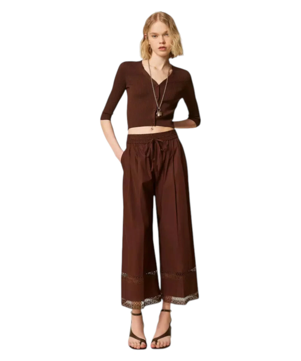 Pantaloni Ampi Popeline Cotone con Ricamo Twinset