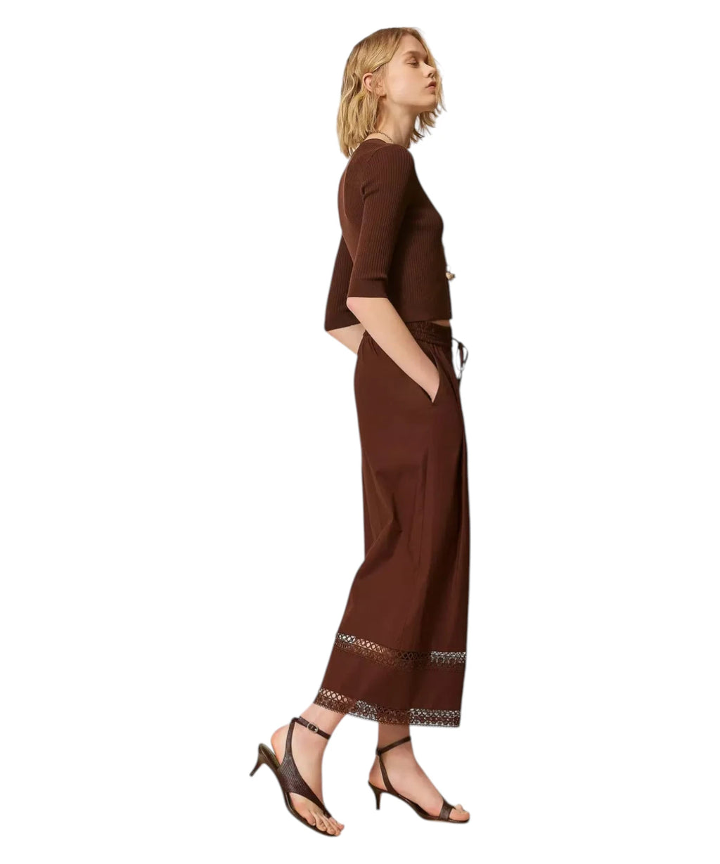 Pantaloni Ampi Popeline Cotone con Ricamo Twinset