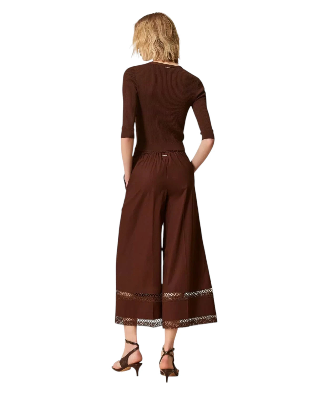 Pantaloni Ampi Popeline Cotone con Ricamo Twinset