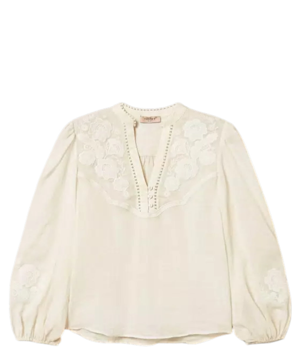 Women's Ramie Blouse with Twinset Embroidery