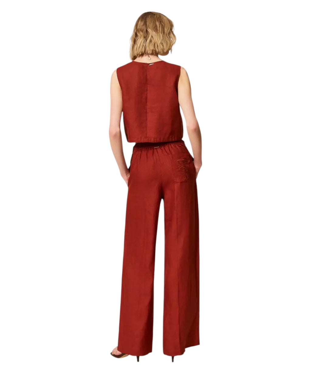 Linnen Broek met Geborduurd Logo van Twinset
