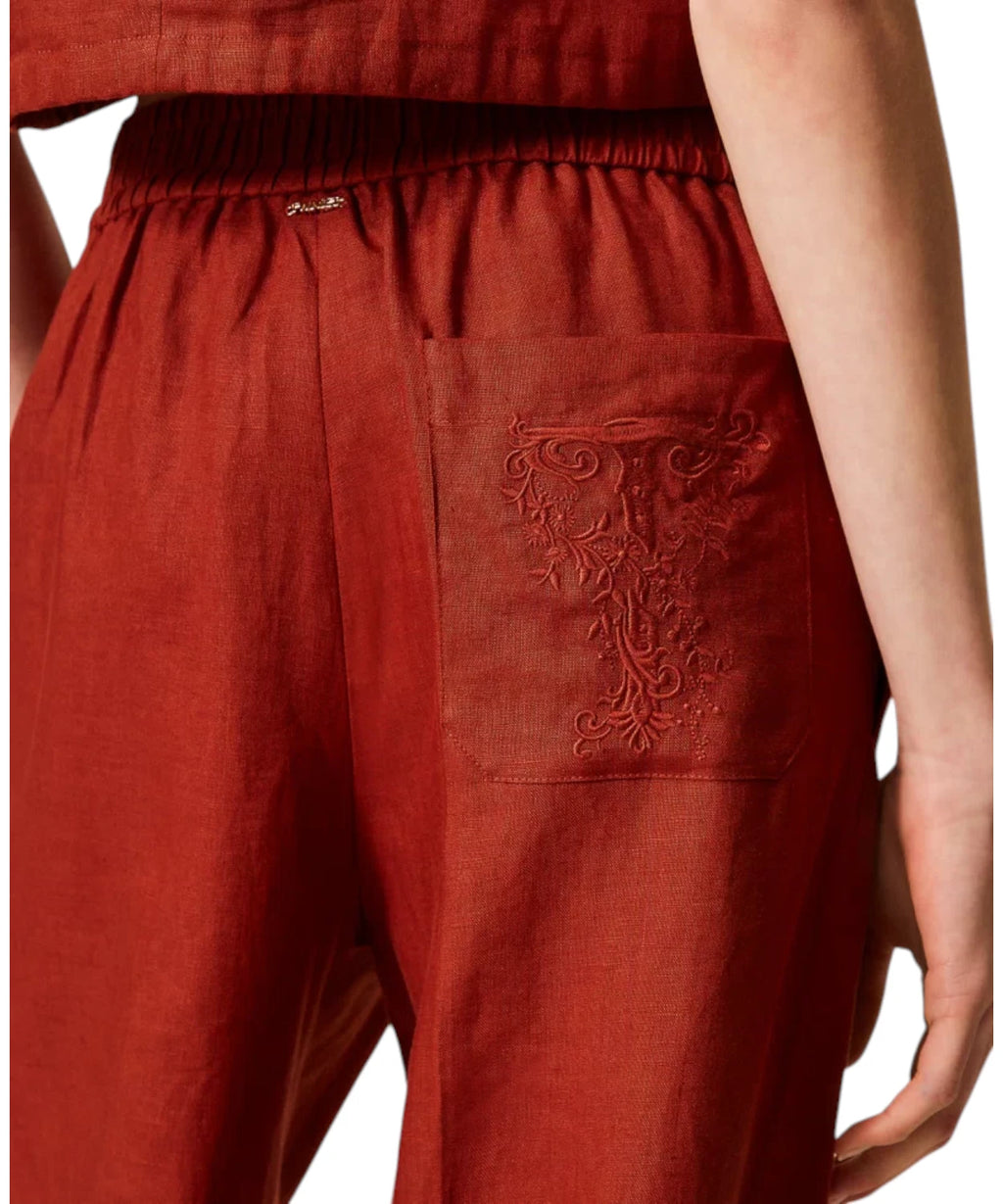 Linnen Broek met Geborduurd Logo van Twinset