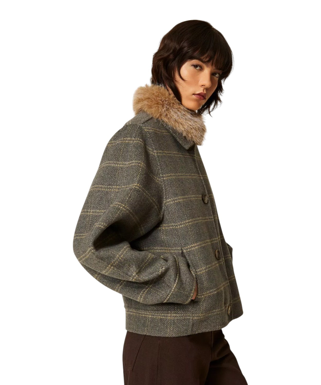 Caban Donna in Lana Check con Collo Faux Fur