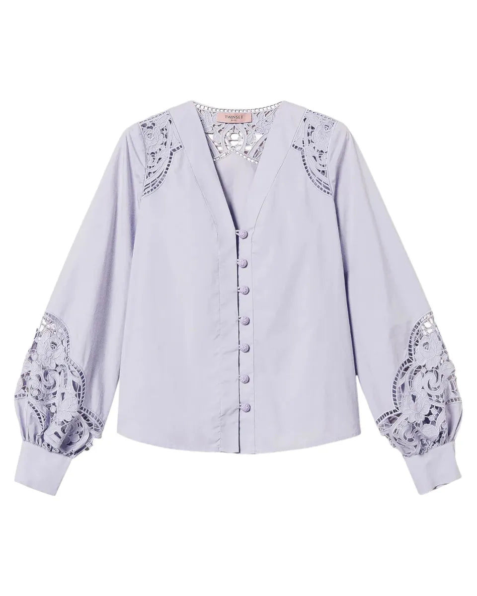 Camicia in popeline di cotone con ricami sangallo-Twinset-Camicie-Vittorio Citro Boutique