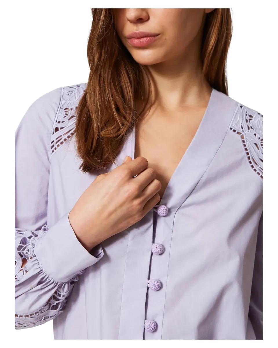 Camicia in popeline di cotone con ricami sangallo-Twinset-Camicie-Vittorio Citro Boutique