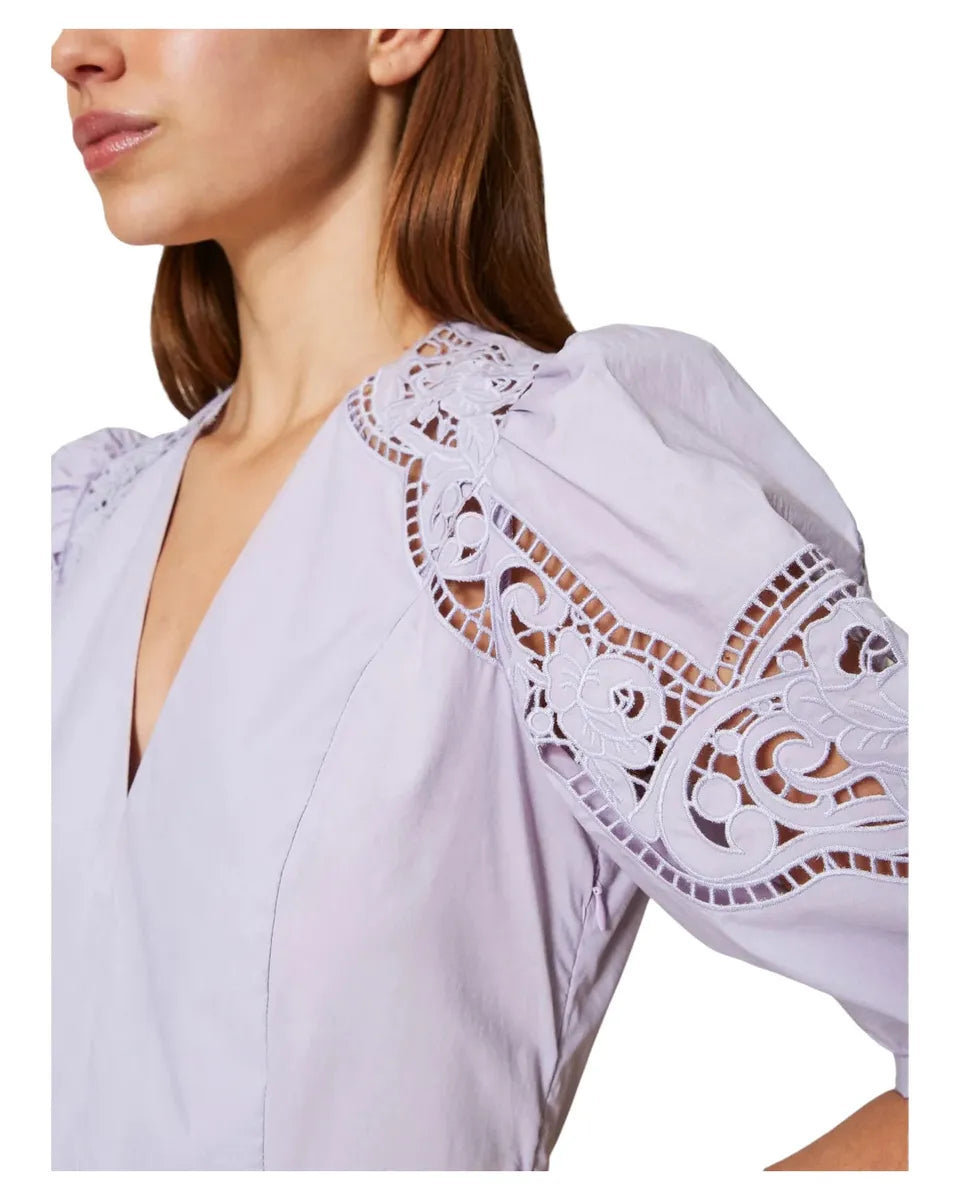 Abito lungo in popeline di cotone con ricami sangallo-Twinset-Abiti-Vittorio Citro Boutique