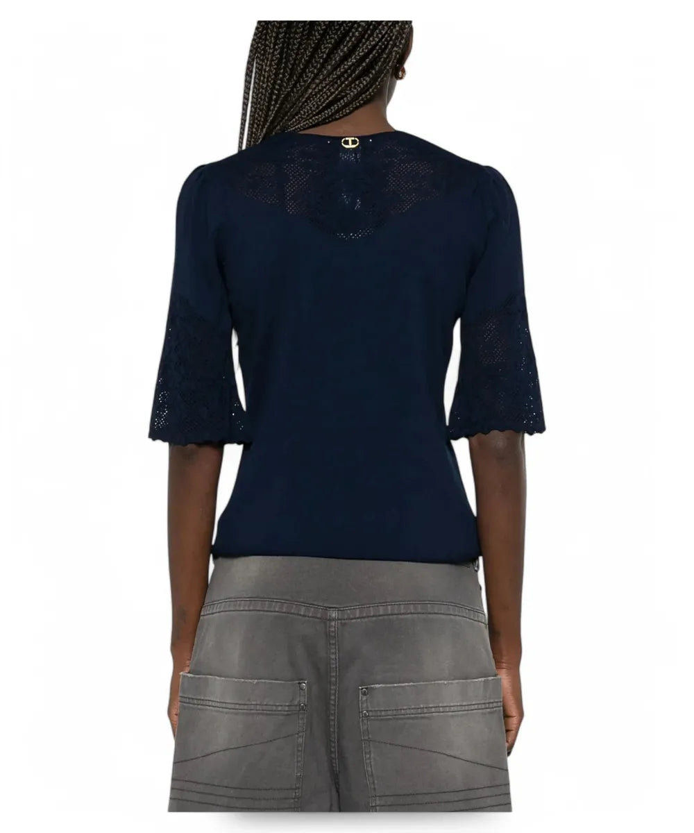 T-shirt in Viscosa con Lavorazione Pointelle e Scollo a V-Twinset-T-shirt-Vittorio Citro Boutique