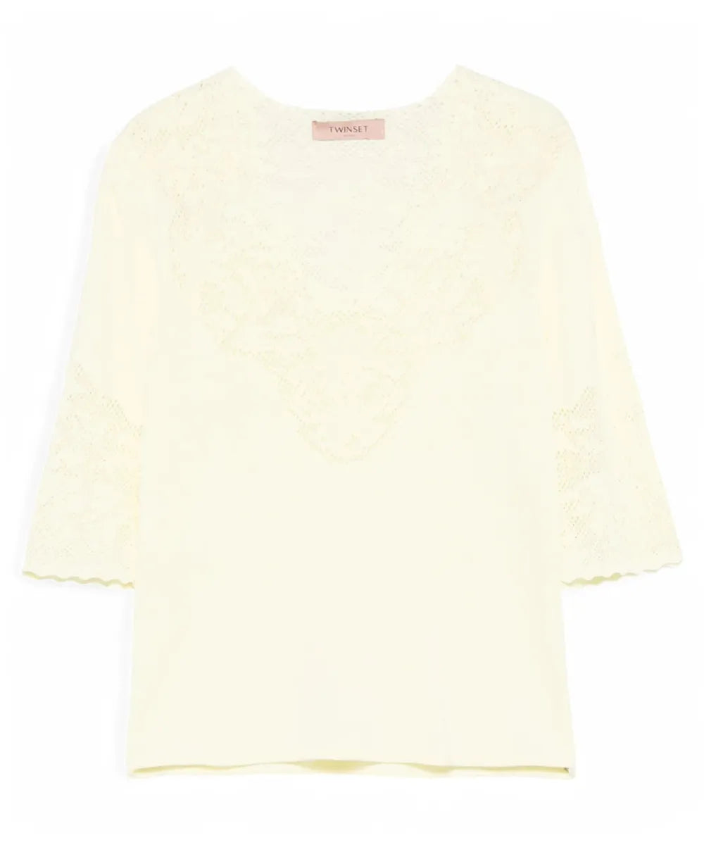 T-shirt in Viscosa con Lavorazione Pointelle e Scollo a V-Twinset-T-shirt-Vittorio Citro Boutique