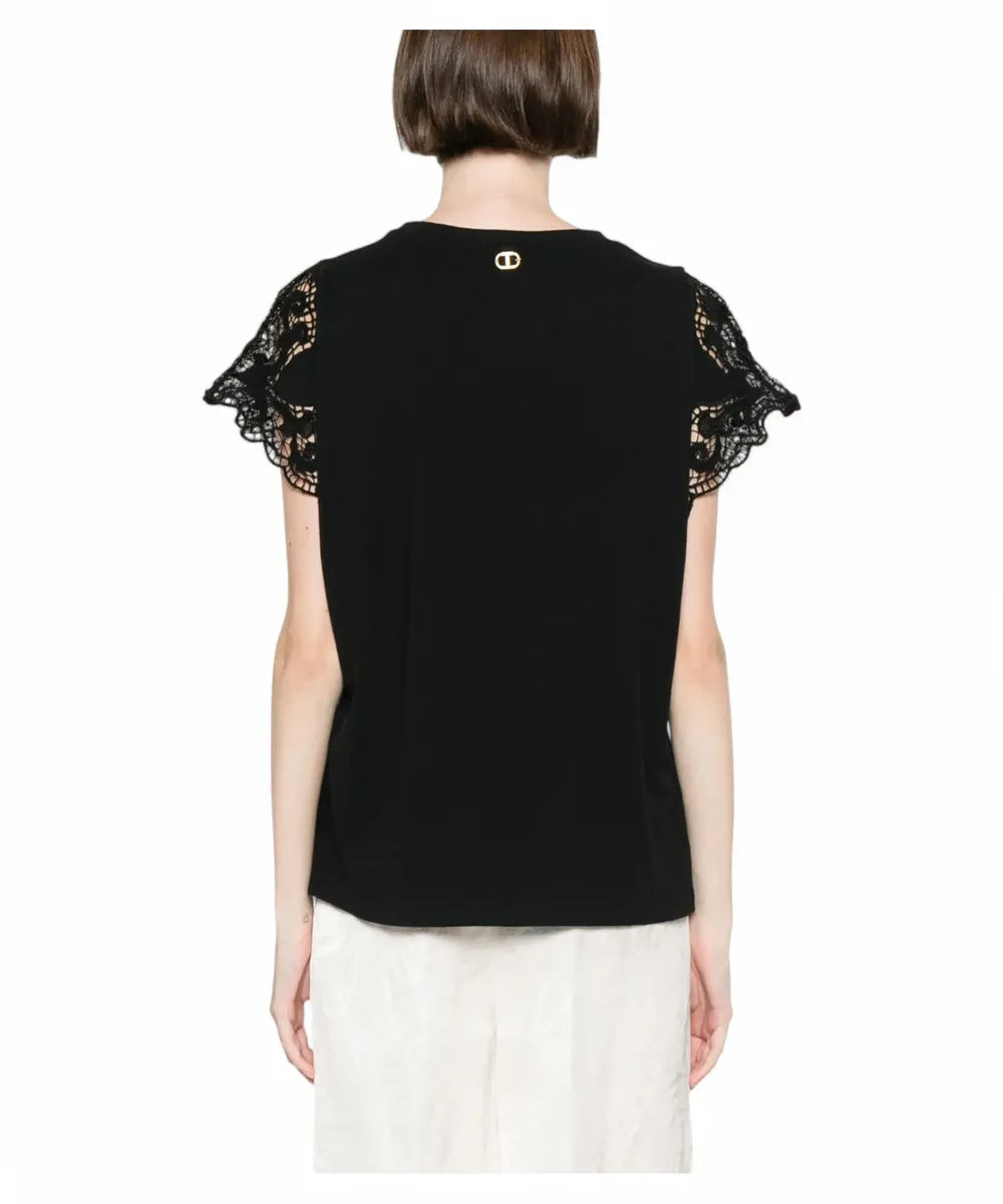 T-shirt Donna Regular in Cotone con Dettagli in Pizzo Twinset