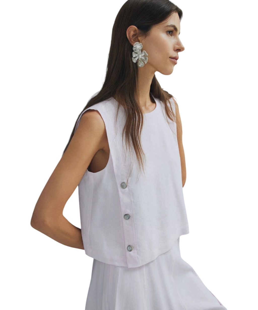 Top smanicato misto lino stretch con bottoni laterali