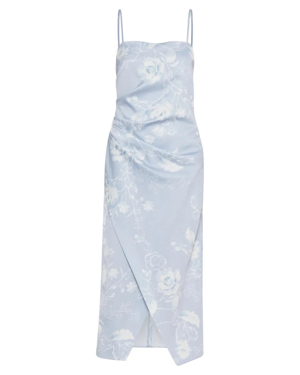 Abito in Satin Stampato Azzurro con Spacco Diagonale-Marella-Abiti-Vittorio Citro Boutique