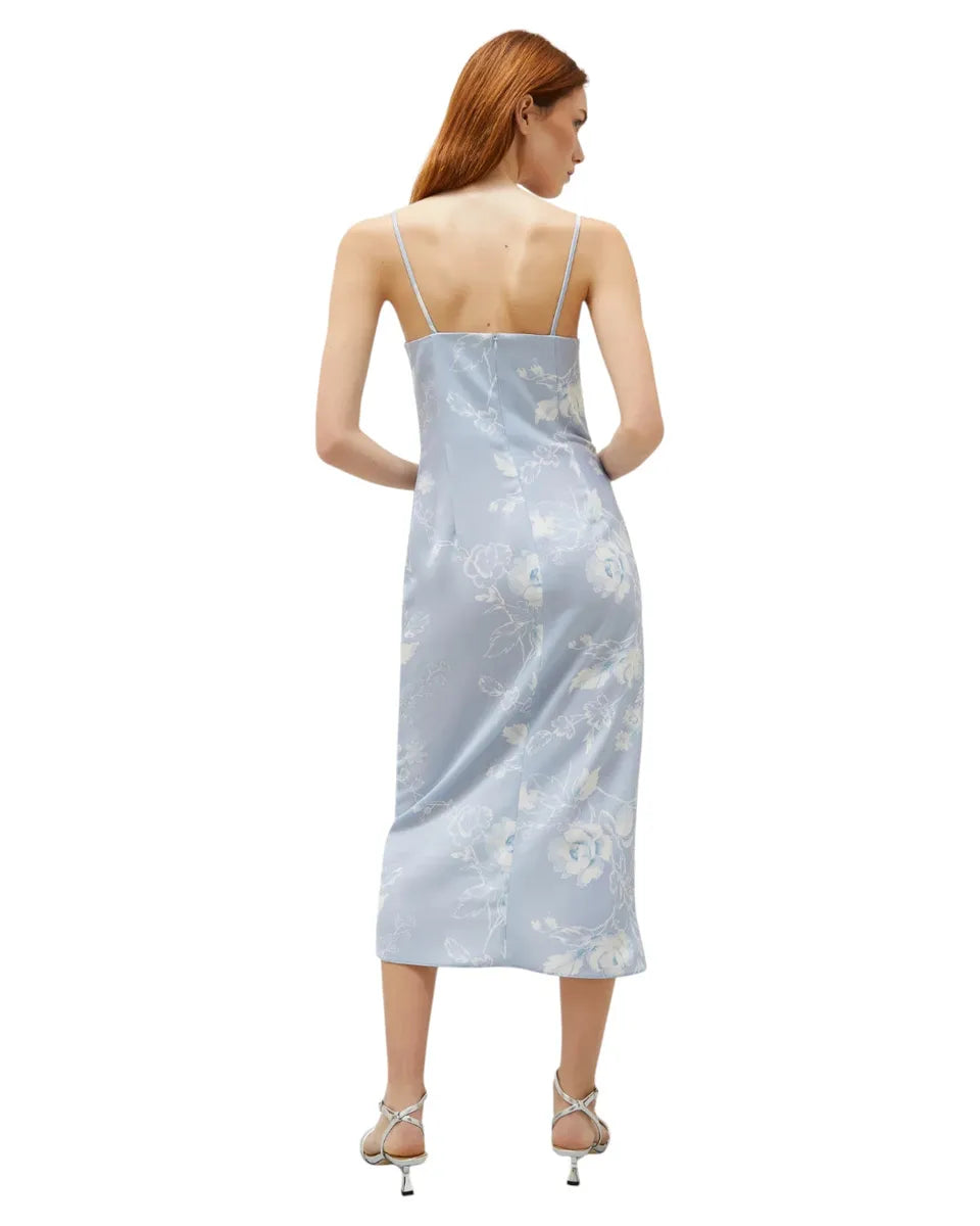 Abito in Satin Stampato Azzurro con Spacco Diagonale-Marella-Abiti-Vittorio Citro Boutique