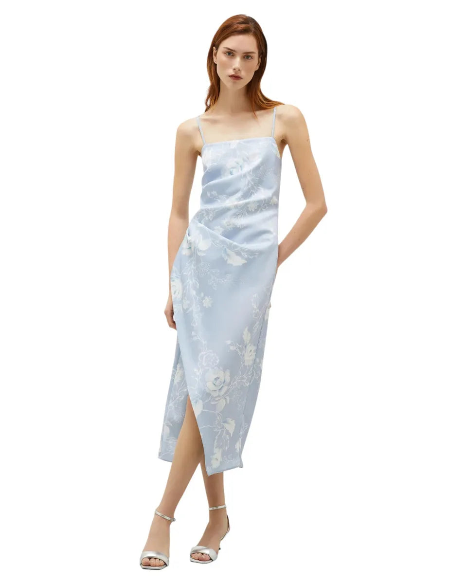 Abito in Satin Stampato Azzurro con Spacco Diagonale-Marella-Abiti-Vittorio Citro Boutique