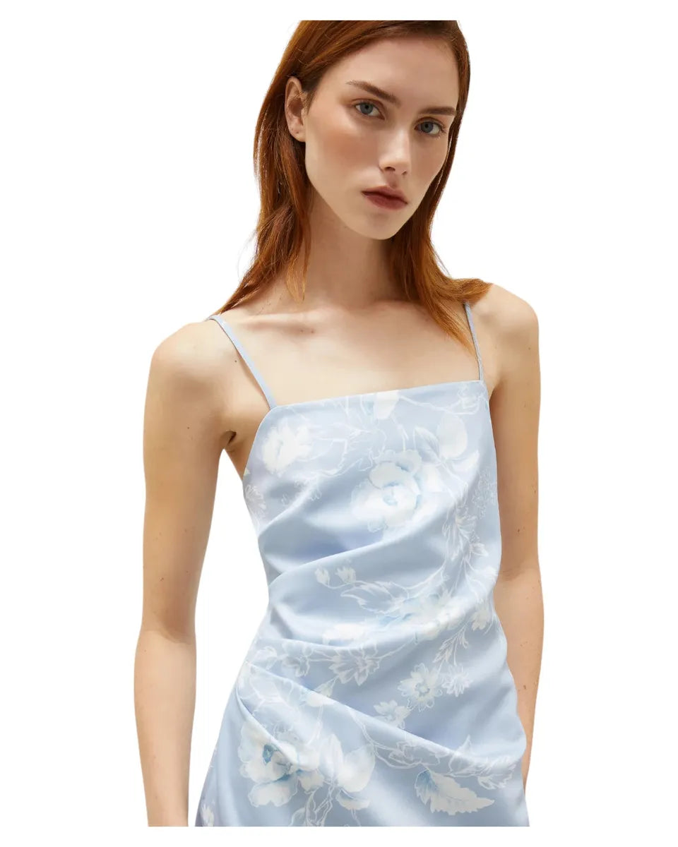 Abito in Satin Stampato Azzurro con Spacco Diagonale-Marella-Abiti-Vittorio Citro Boutique