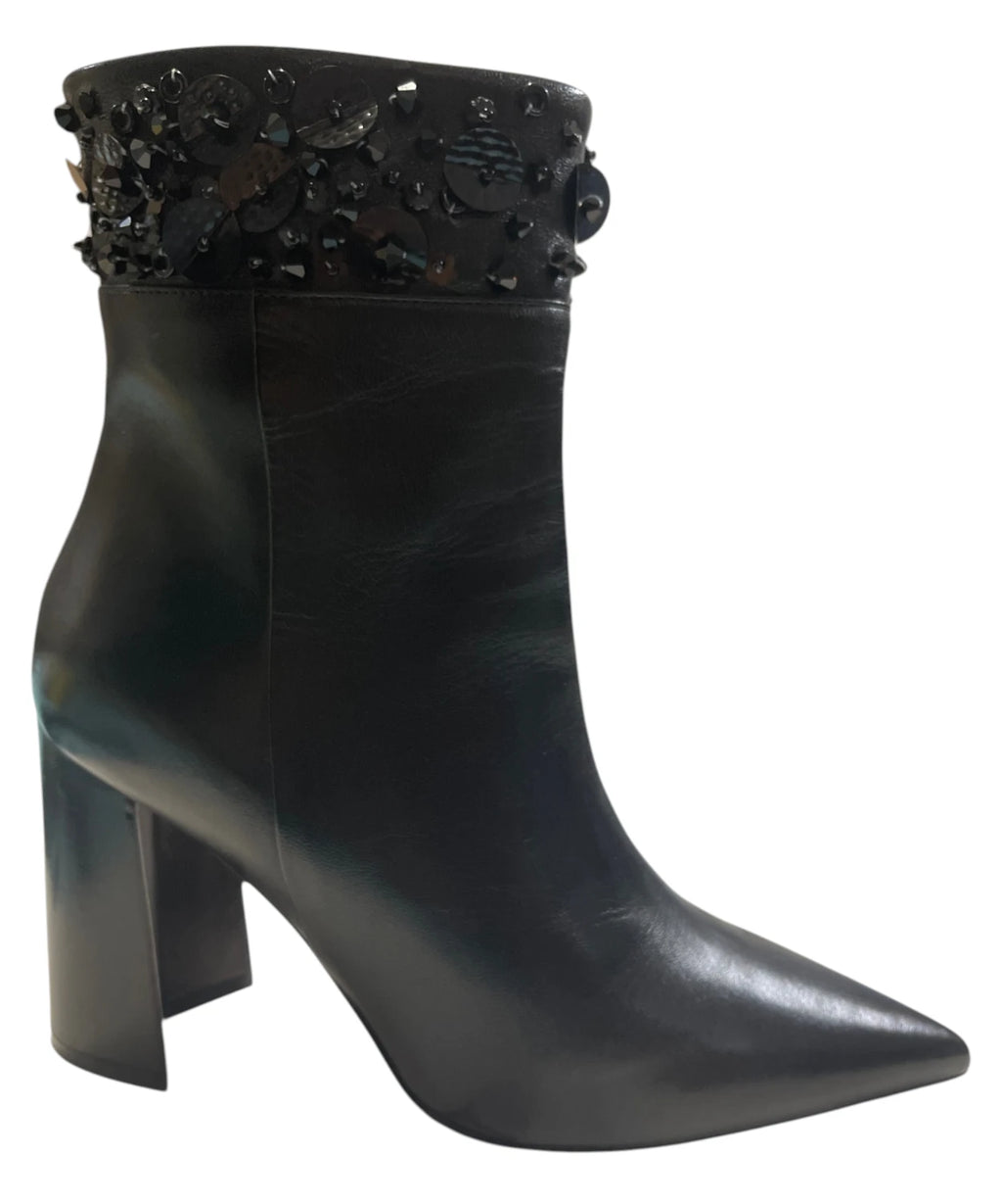 Black Leather Ankle Boots with Block Heel and Jewel Detail