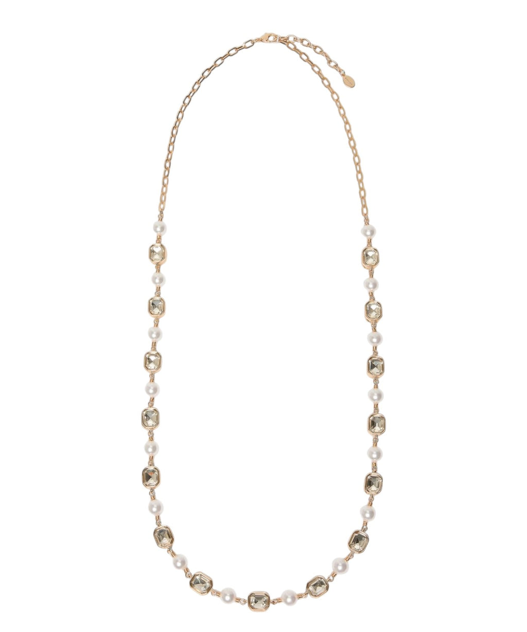 Collana Lunga Dorata con Perle e Cristalli Cabochon