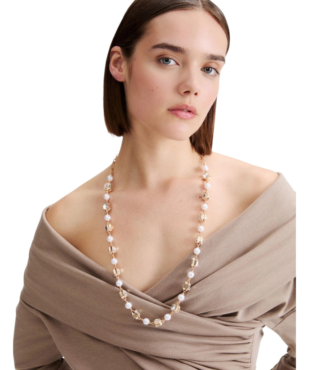 Collana Lunga Dorata con Perle e Cristalli Cabochon