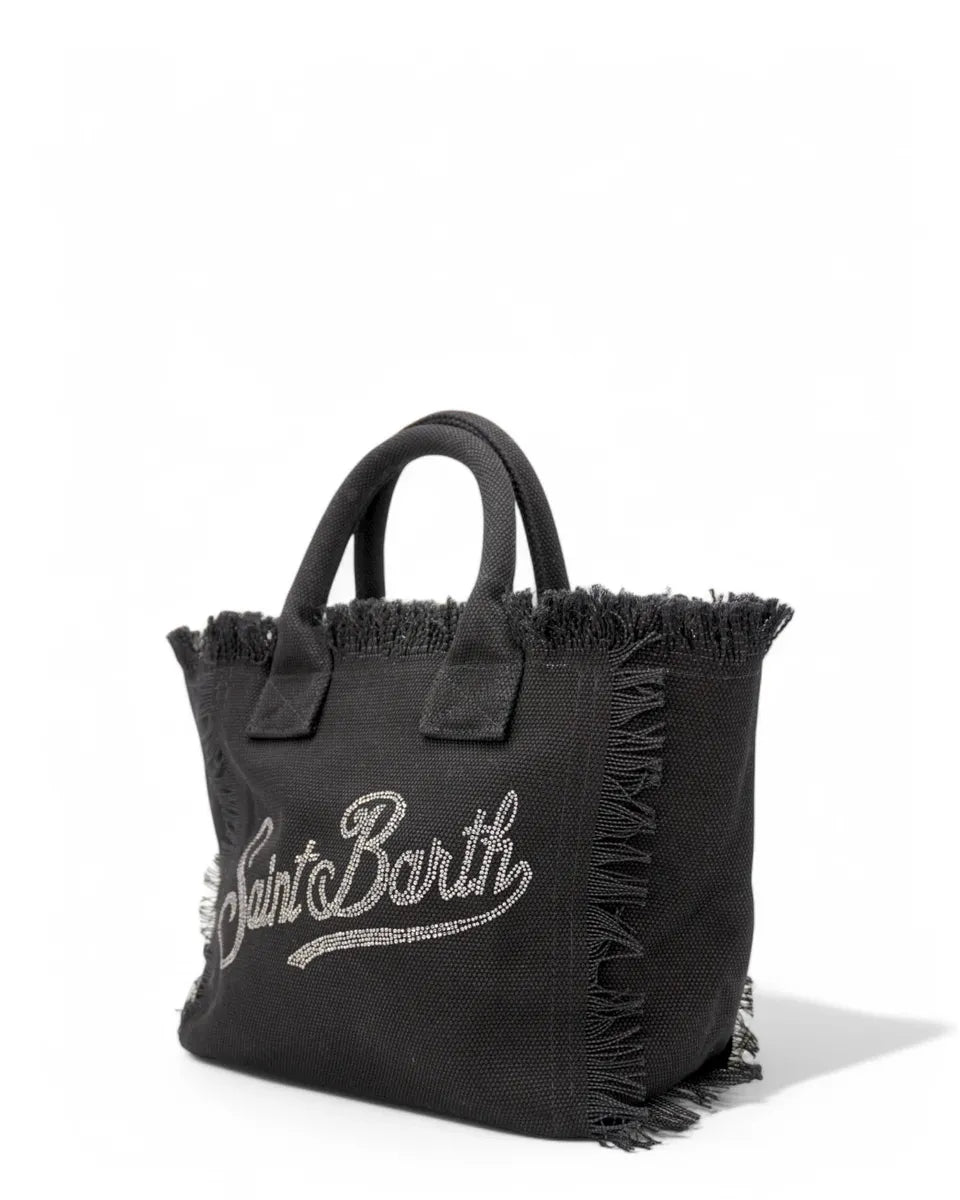 Borsa Colette in Tela di Cotone Nero con Scritta Brillantinata-Mc2 Saint Barth-Borse a mano-Vittorio Citro Boutique