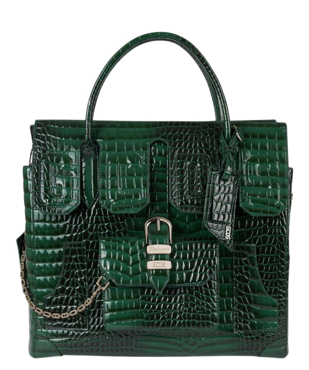 GCDS Big Man Bag Verde Effetto Cocco con Logo Patch