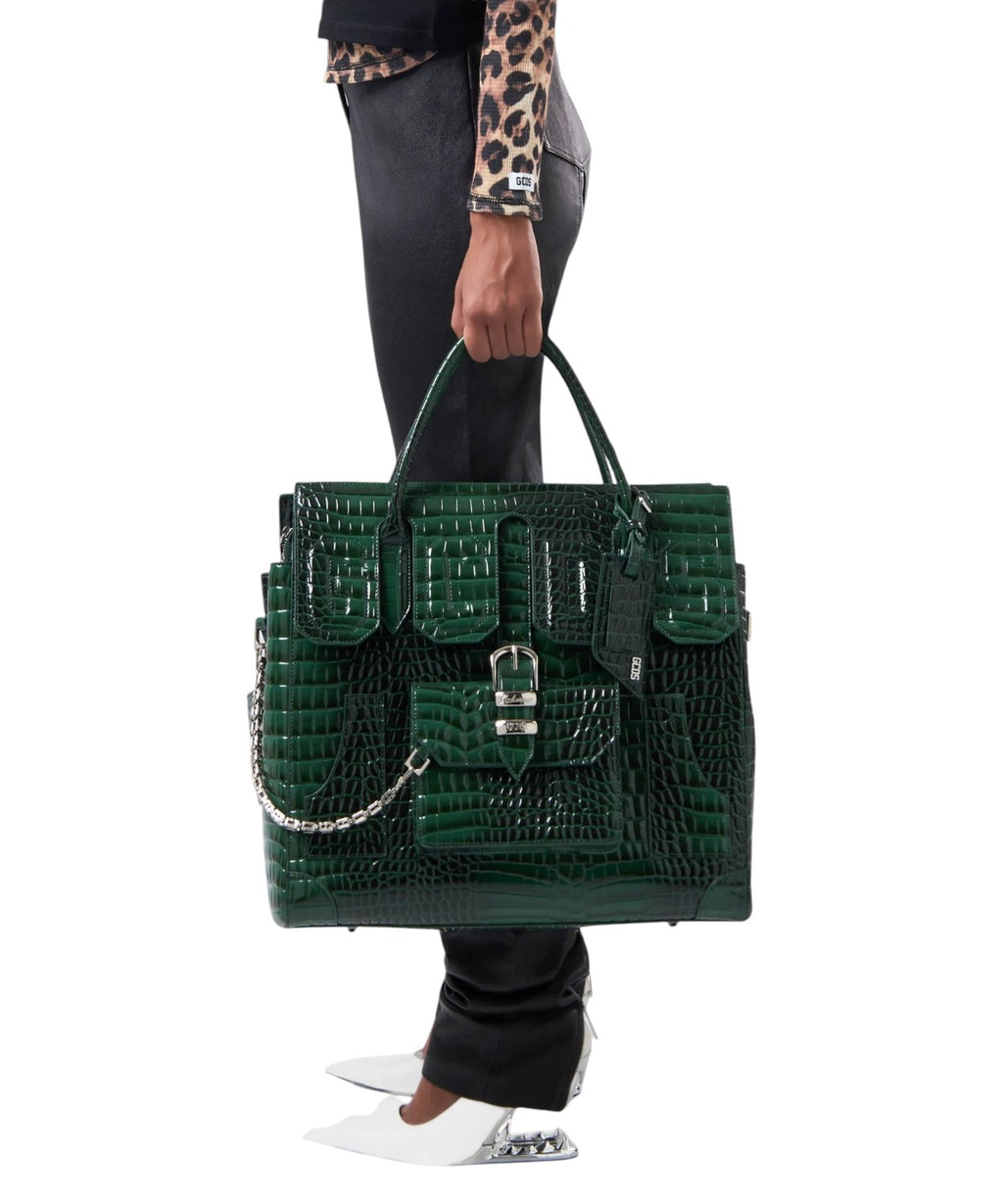 GCDS Big Man Bag Verde Effetto Cocco con Logo Patch