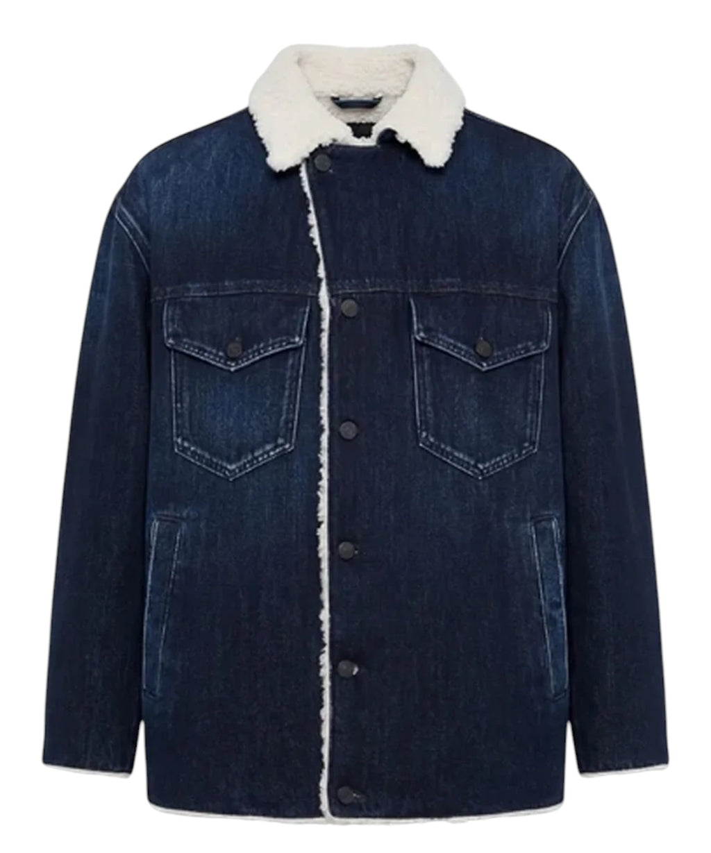 Dondup-jakke i rigid denim med øko-fåreskind