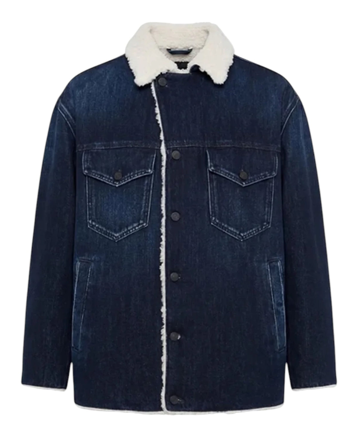 Dondup-jakke i rigid denim med øko-fåreskind