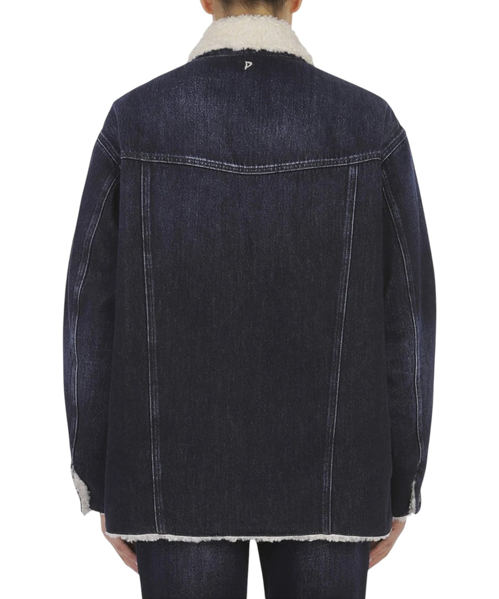 Dondup-jakke i rigid denim med øko-fåreskind