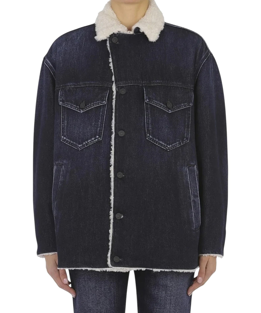 Dondup-jakke i rigid denim med øko-fåreskind