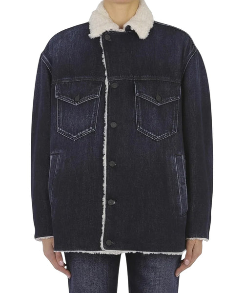 Dondup-jakke i rigid denim med øko-fåreskind