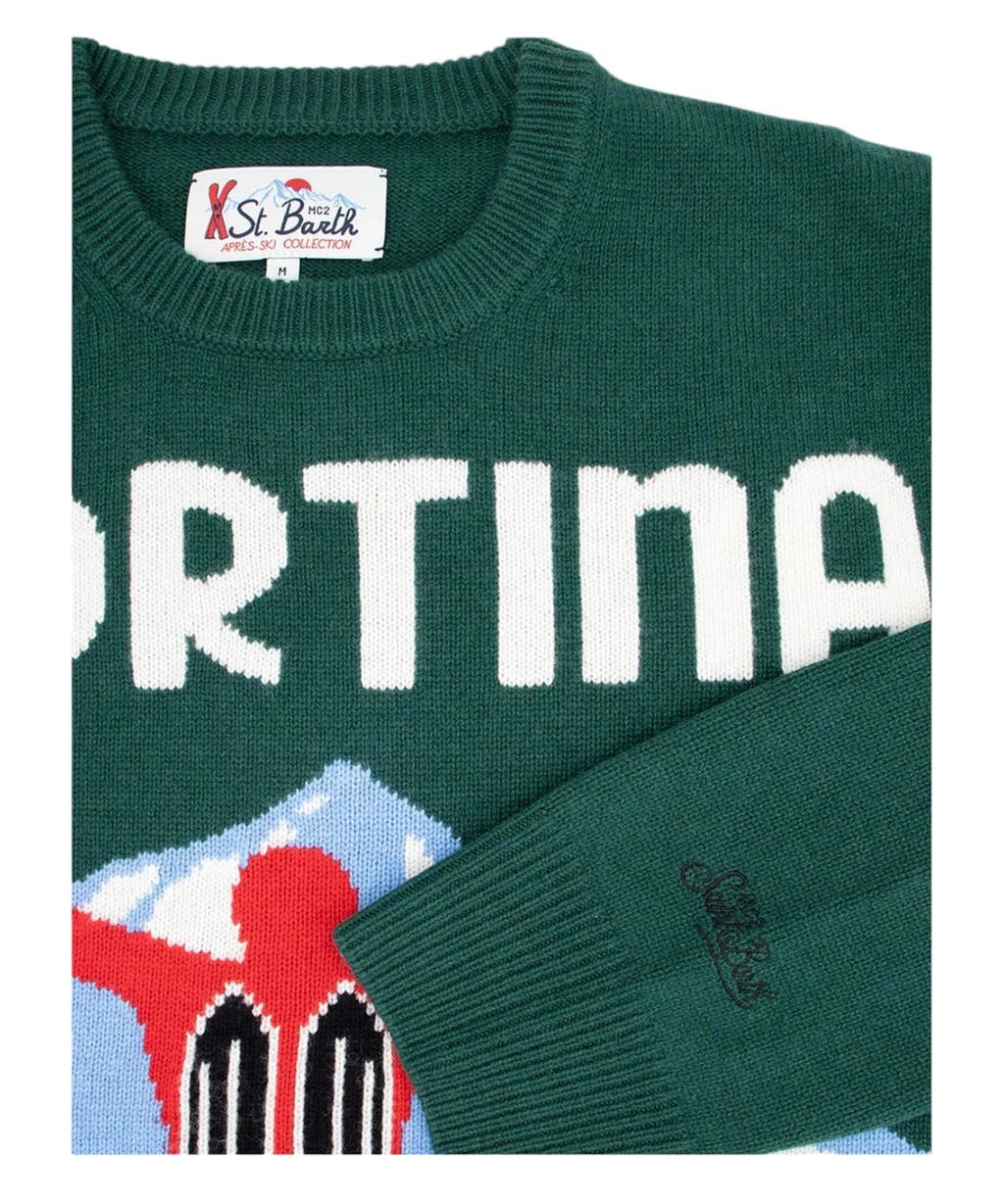 Maglia Girocollo Verde con Stampa Jacquard Cartolina Cortina-Mc2 Saint Barth-Maglieria-Vittorio Citro Boutique