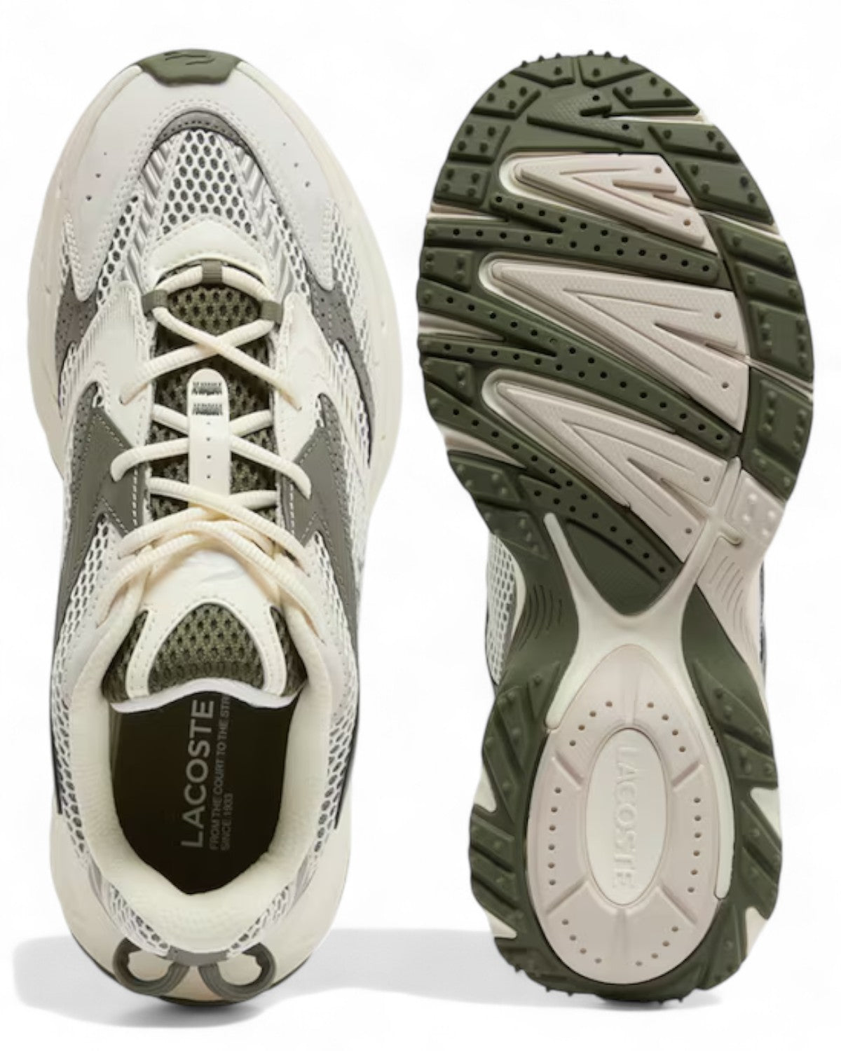 Vista dall’alto e suola delle sneakers Lacoste L003 Neo Shot, con battistrada verde e logo su linguetta e suola.