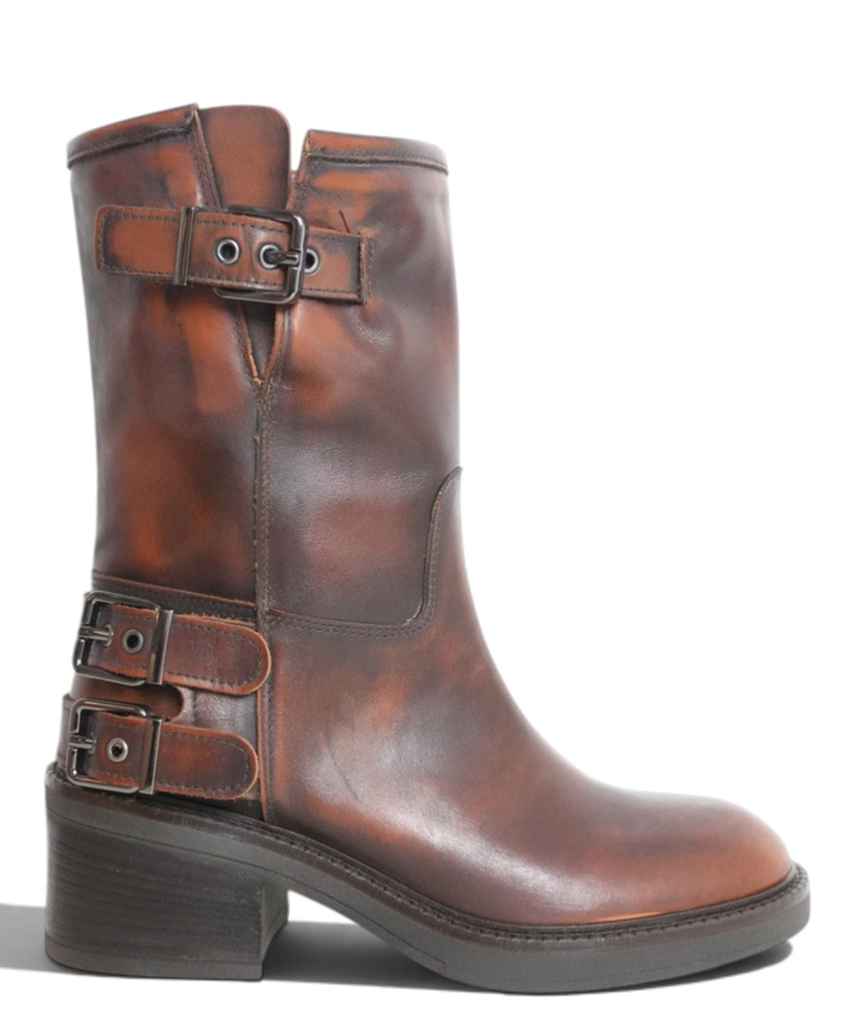 Archyve Women's Distressed Leather Biker Boots with Buckles