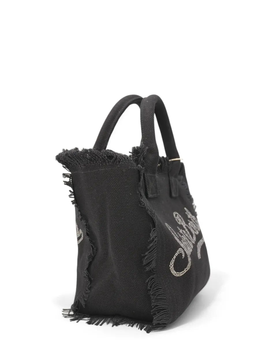 Borsa Colette in Tela di Cotone Nero con Scritta Brillantinata-Mc2 Saint Barth-Borse a mano-Vittorio Citro Boutique