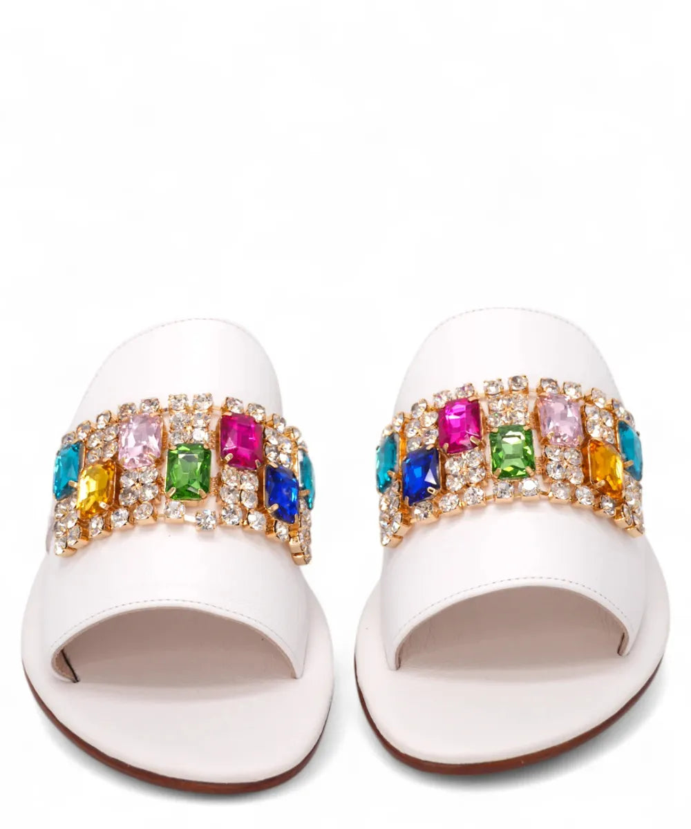 Ciabatta Caprese in Pelle Bianca con Applicazioni Multicolor-Capri Vittorio Citro-Ciabatte-Vittorio Citro Boutique