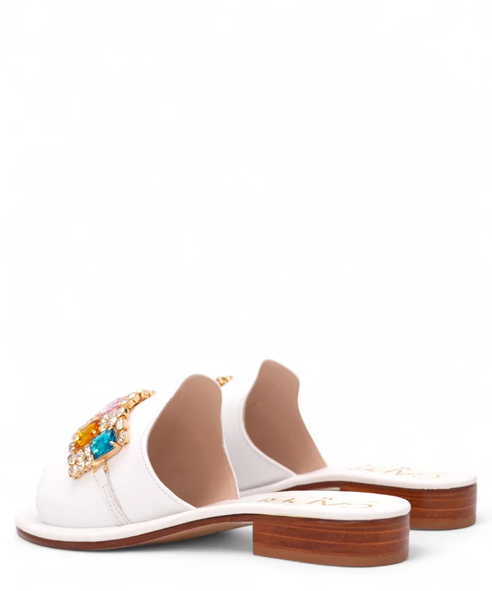 Ciabatta Caprese in Pelle Bianca con Applicazioni Multicolor-Capri Vittorio Citro-Ciabatte-Vittorio Citro Boutique