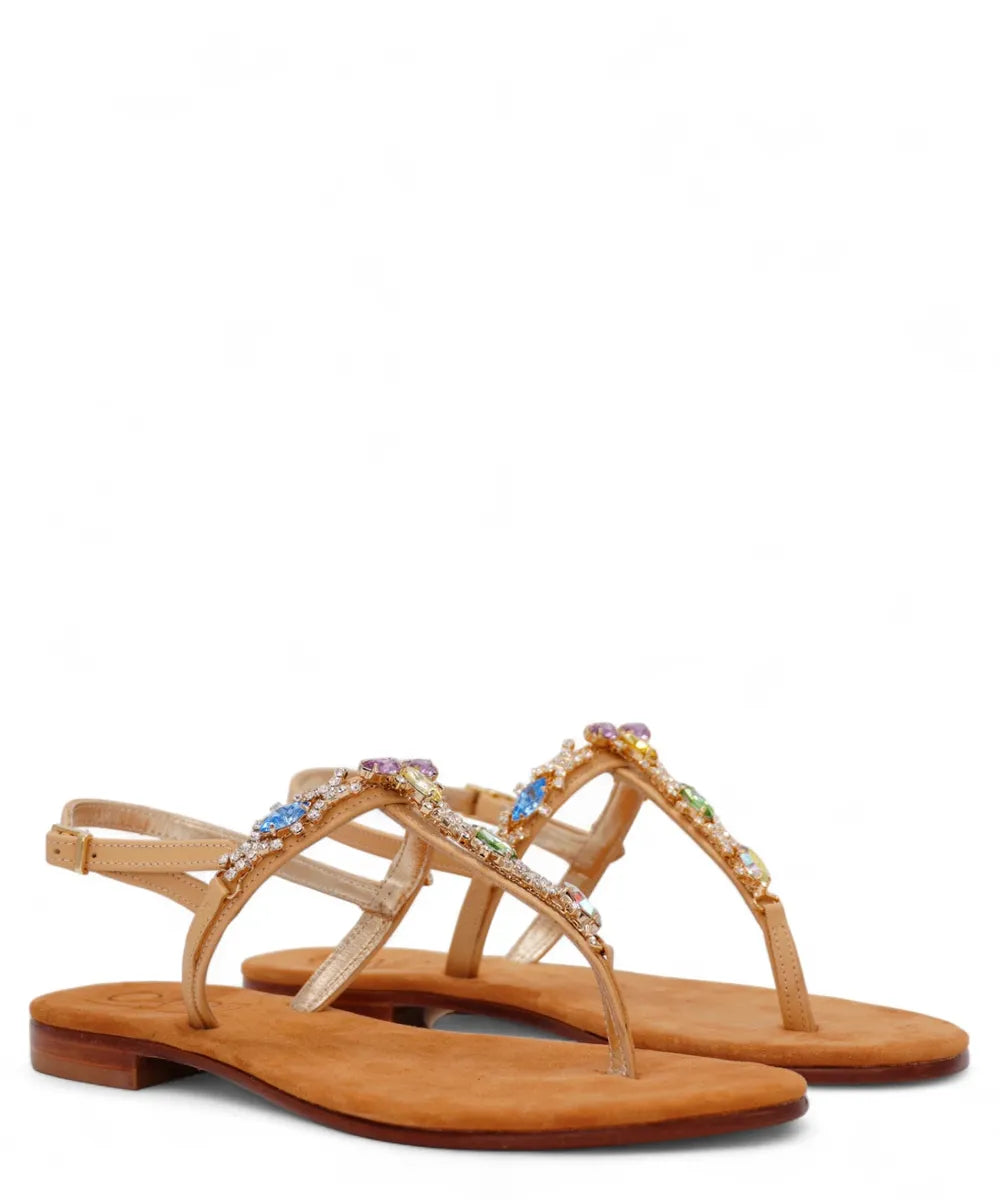 Sandalo Infradito Capri a Fascia “T” con Gioielli Multicolor-Capri Vittorio Citro-Sandali-Vittorio Citro Boutique