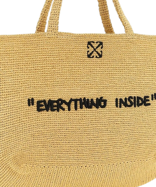 Off-White Jitney Beach Bag in Rafia intrecciata con Frase in Rilievo