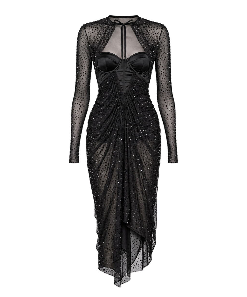 GCDS Sparkling Draped Dress Black with Crystals