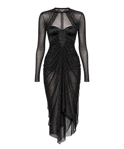 GCDS Sparkling Draped Dress Black with Crystals
