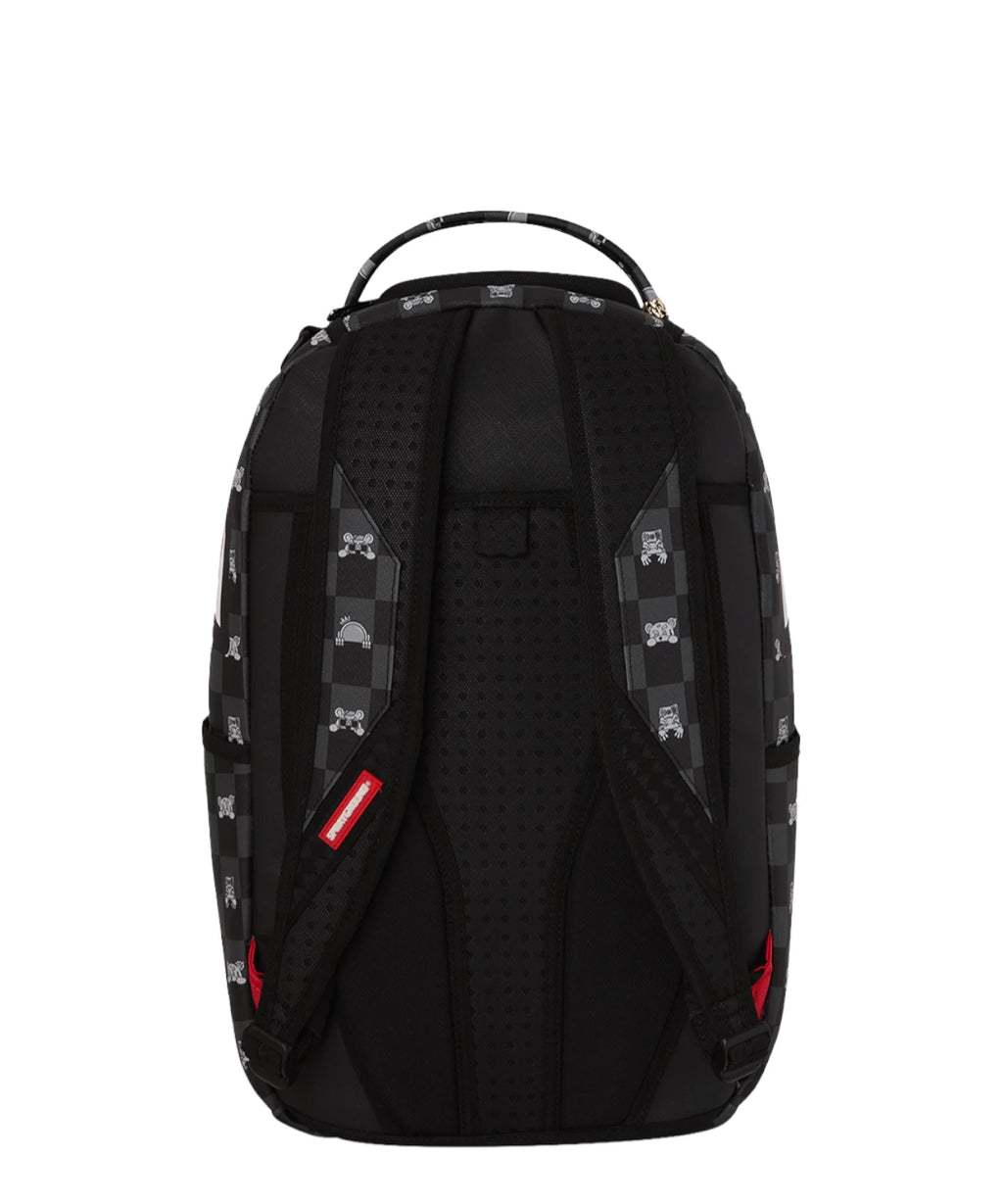 Mochila Sprayground Gris con Personaje Asomándose y Estampado de Tiburón