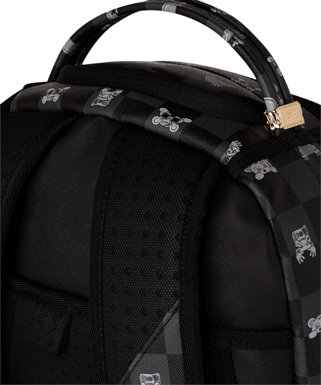 Mochila Sprayground Gris con Personaje Asomándose y Estampado de Tiburón